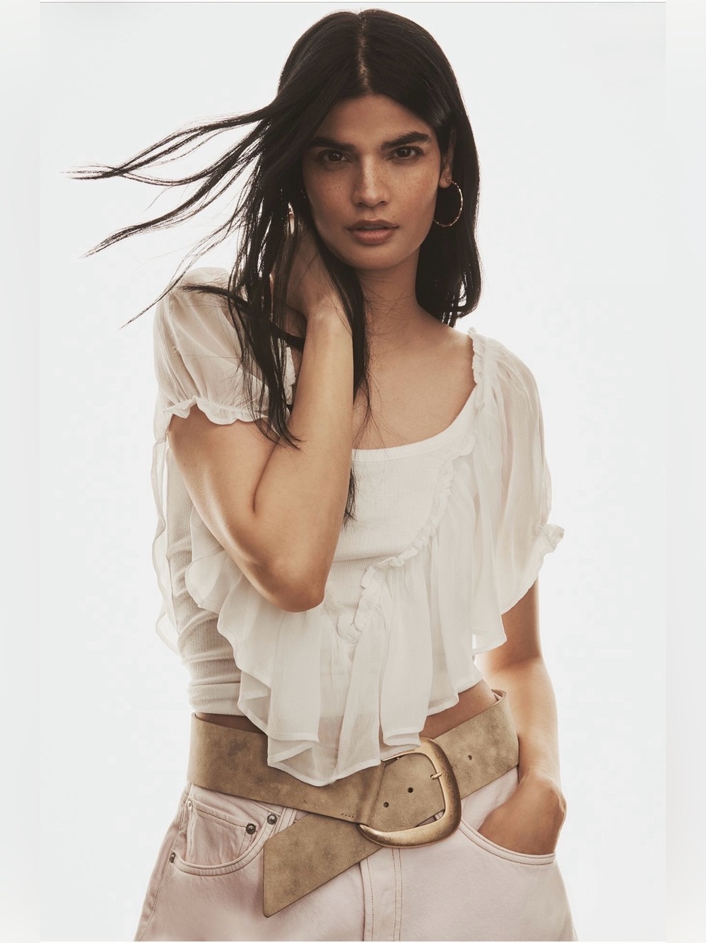 NWT Anthropologie White Ruffle Flutter Sleeve Top Size S
